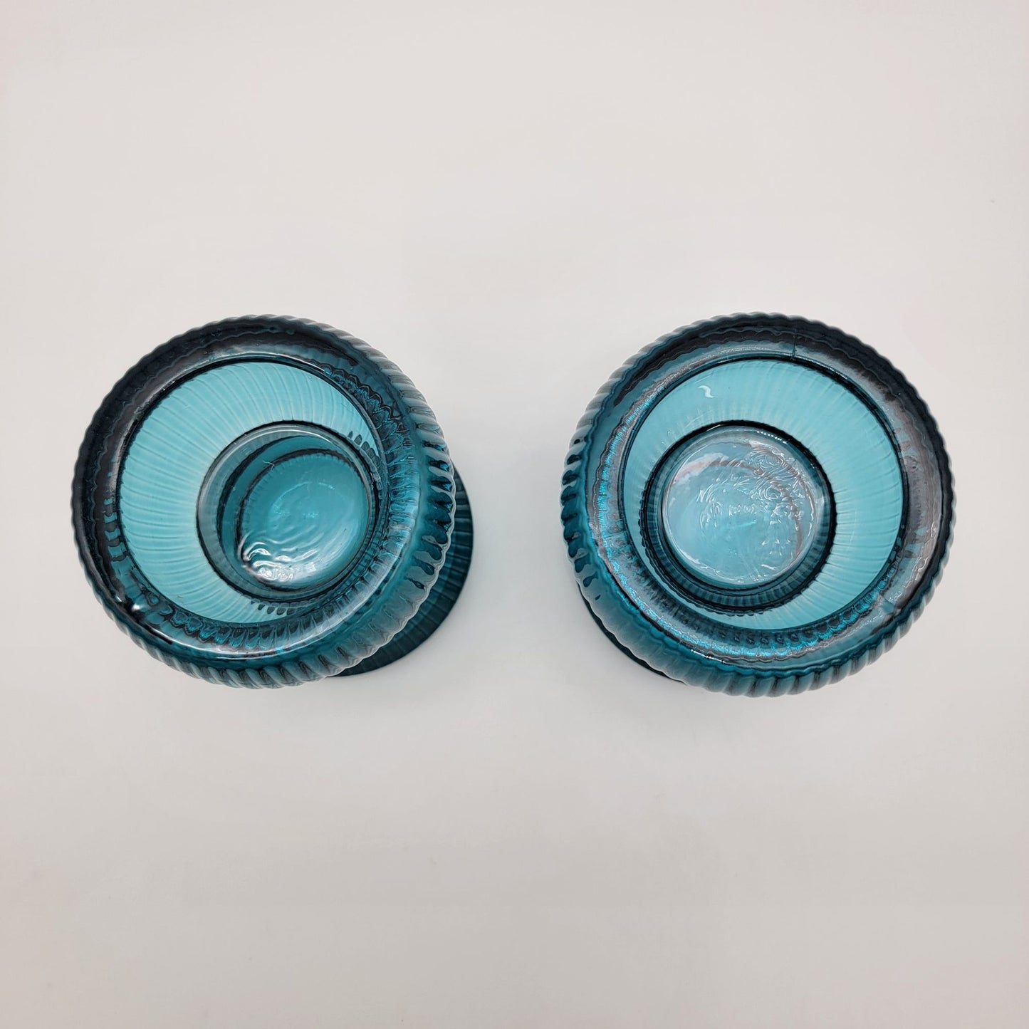 Vintage Teal Ribbed Glass Candle Holders - Reversible Votive Candlestick Set