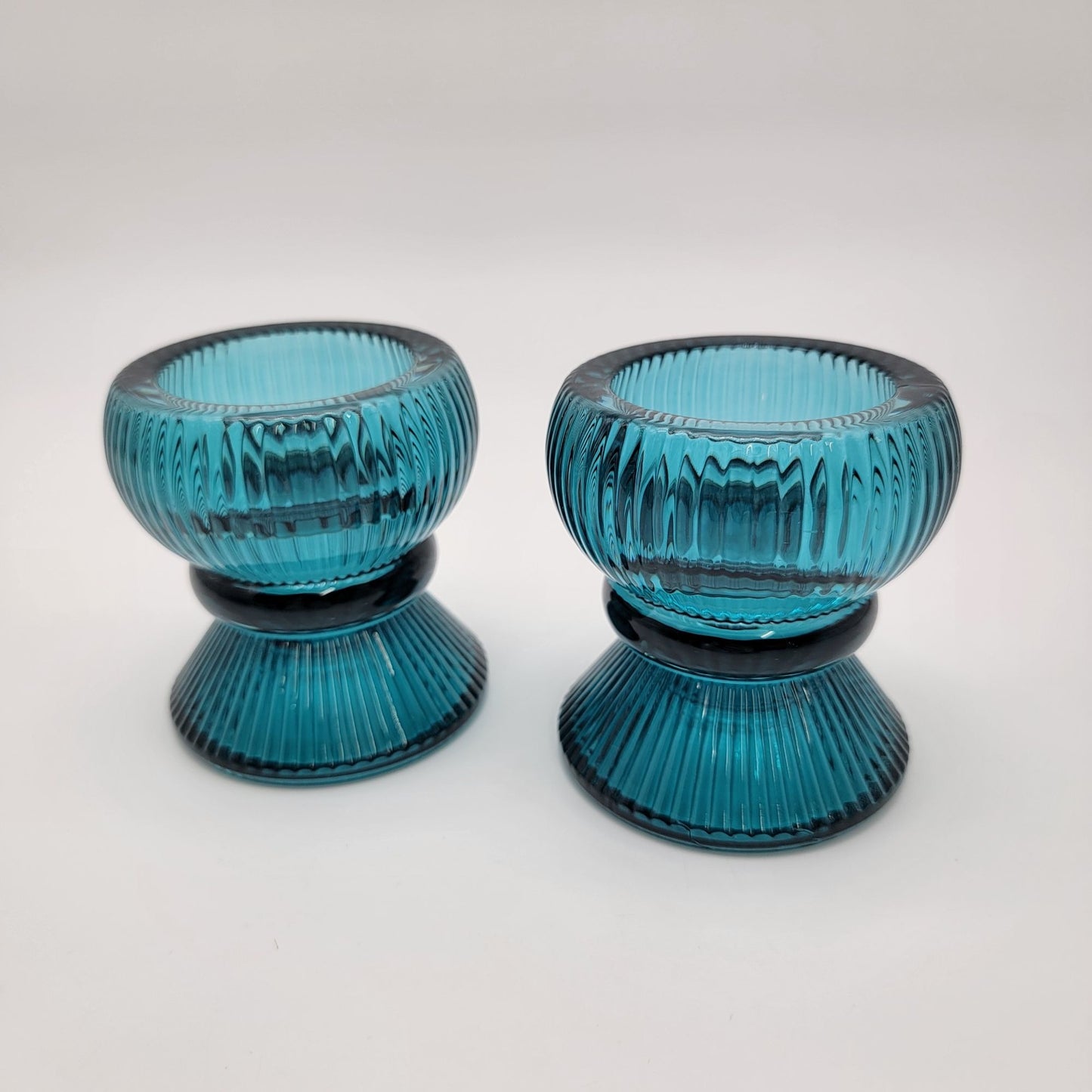 Vintage Teal Ribbed Glass Candle Holders - Reversible Votive Candlestick Set