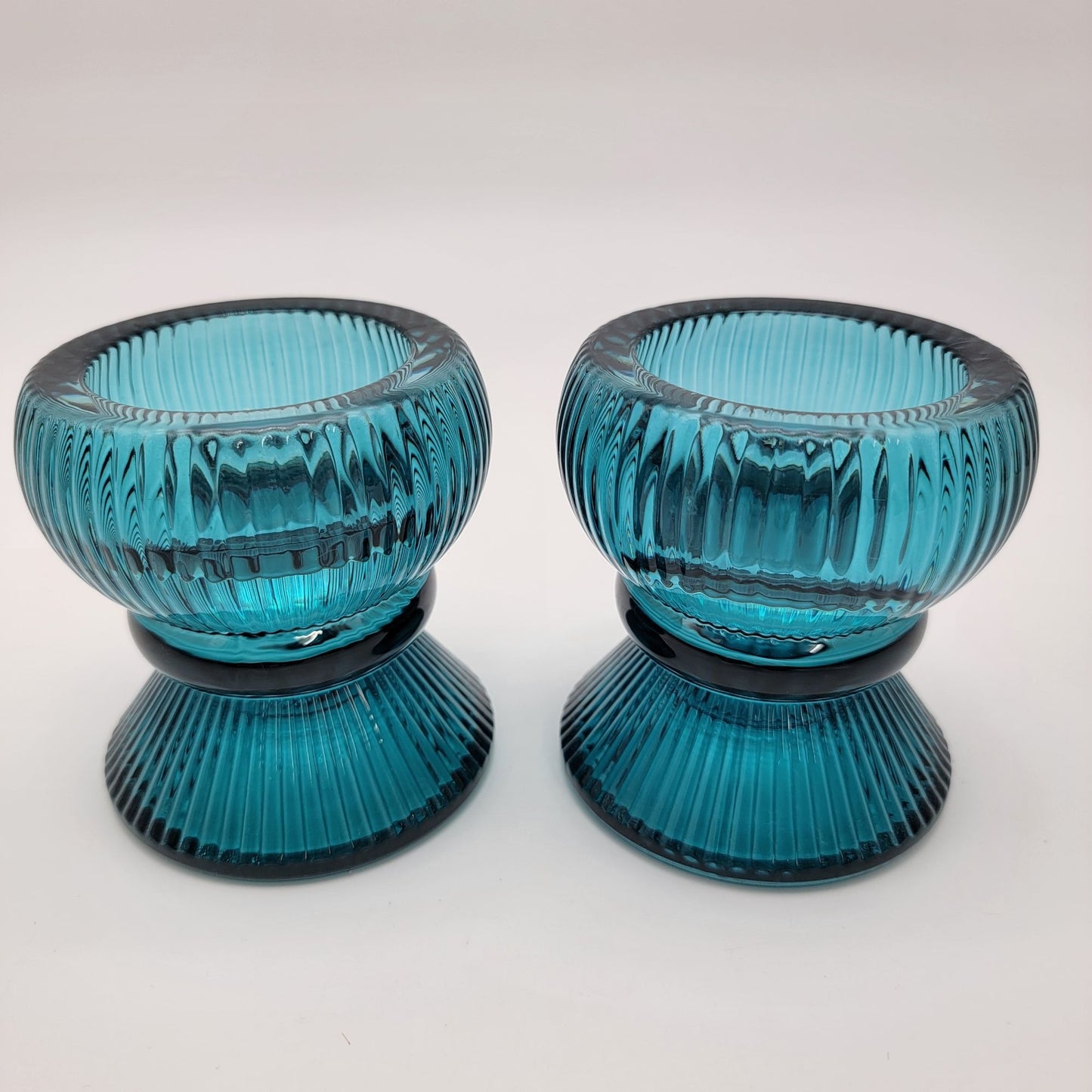 Vintage Teal Ribbed Glass Candle Holders - Reversible Votive Candlestick Set