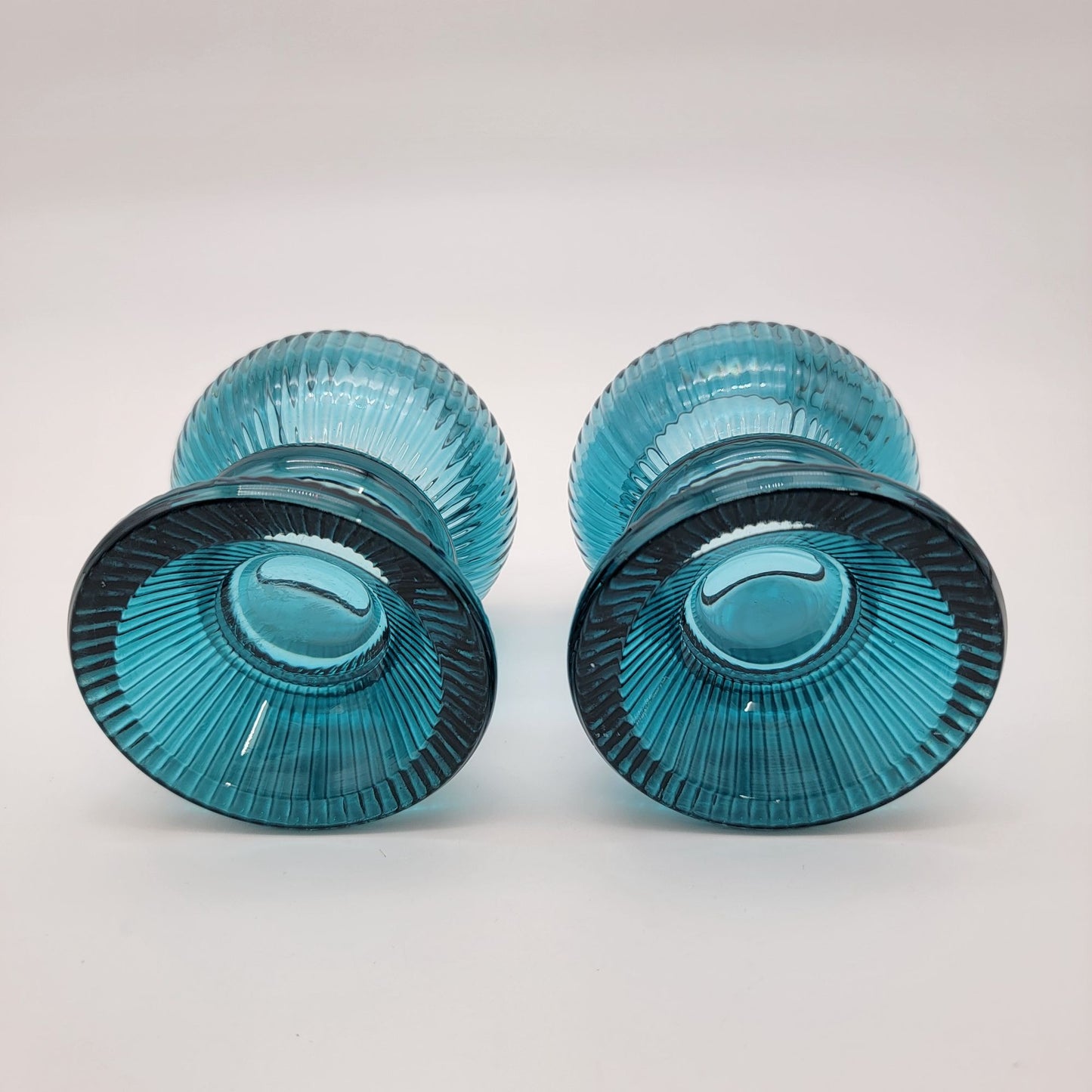 Vintage Teal Ribbed Glass Candle Holders - Reversible Votive Candlestick Set