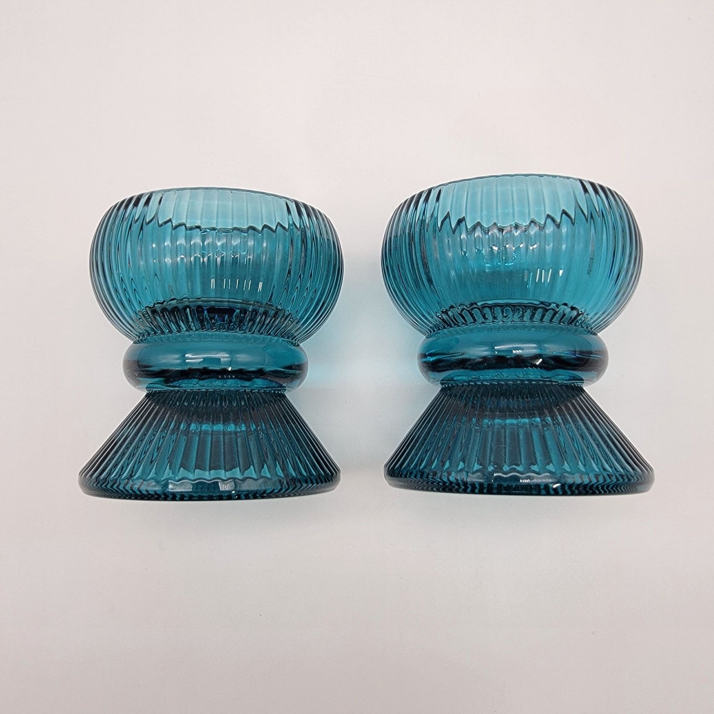 Vintage Teal Ribbed Glass Candle Holders - Reversible Votive Candlestick Set