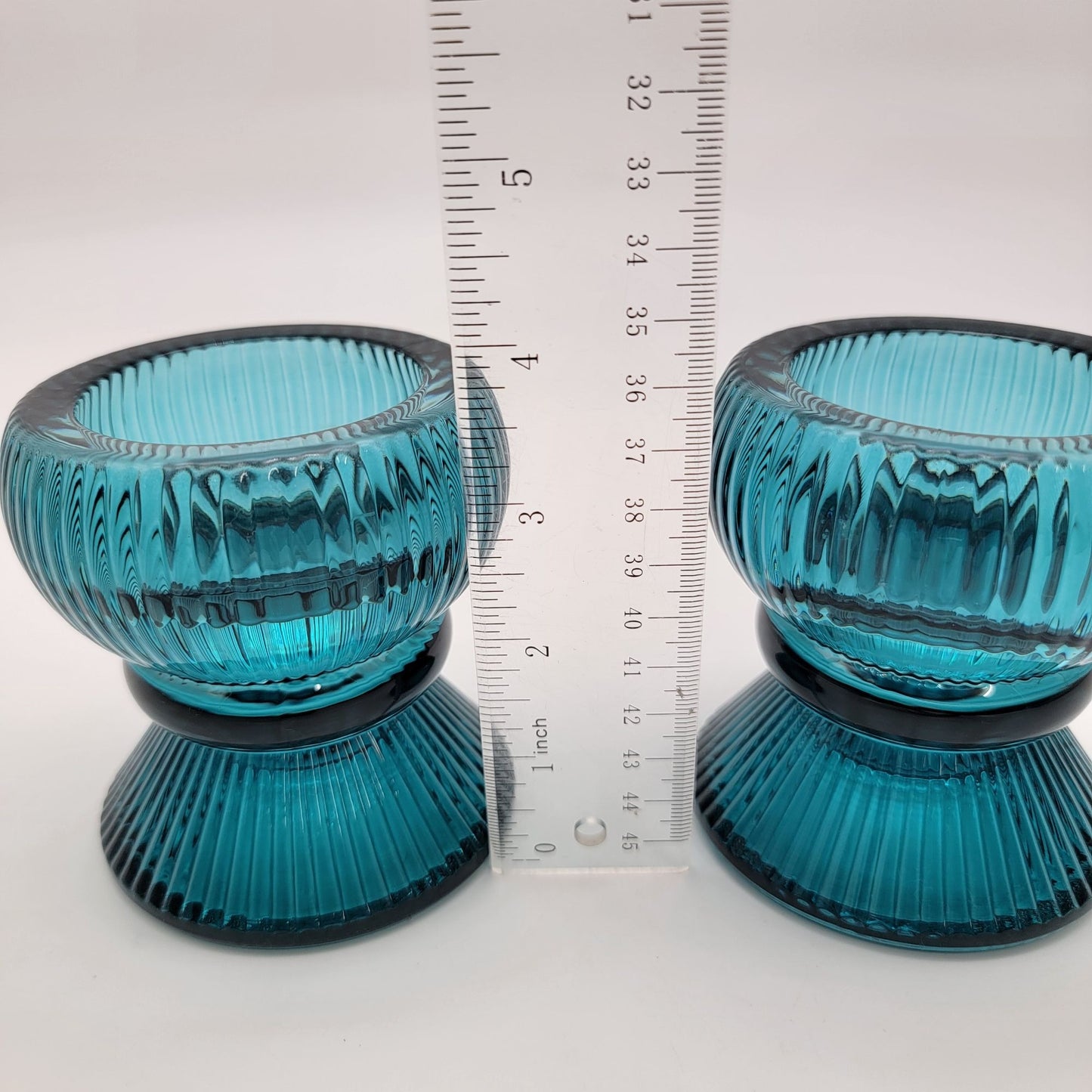 Vintage Teal Ribbed Glass Candle Holders - Reversible Votive Candlestick Set