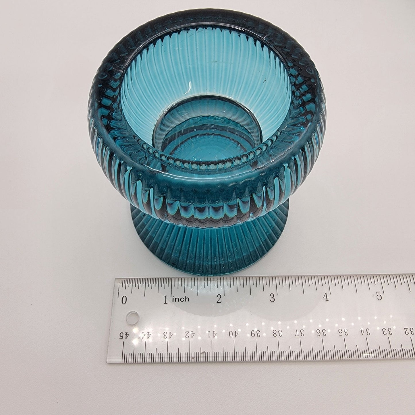 Vintage Teal Ribbed Glass Candle Holders - Reversible Votive Candlestick Set
