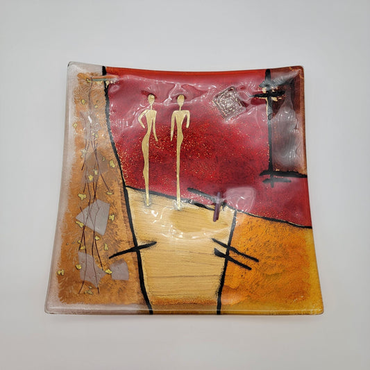 Large Abstract Fused Glass Art Dish With Red & Gold Artistic Design