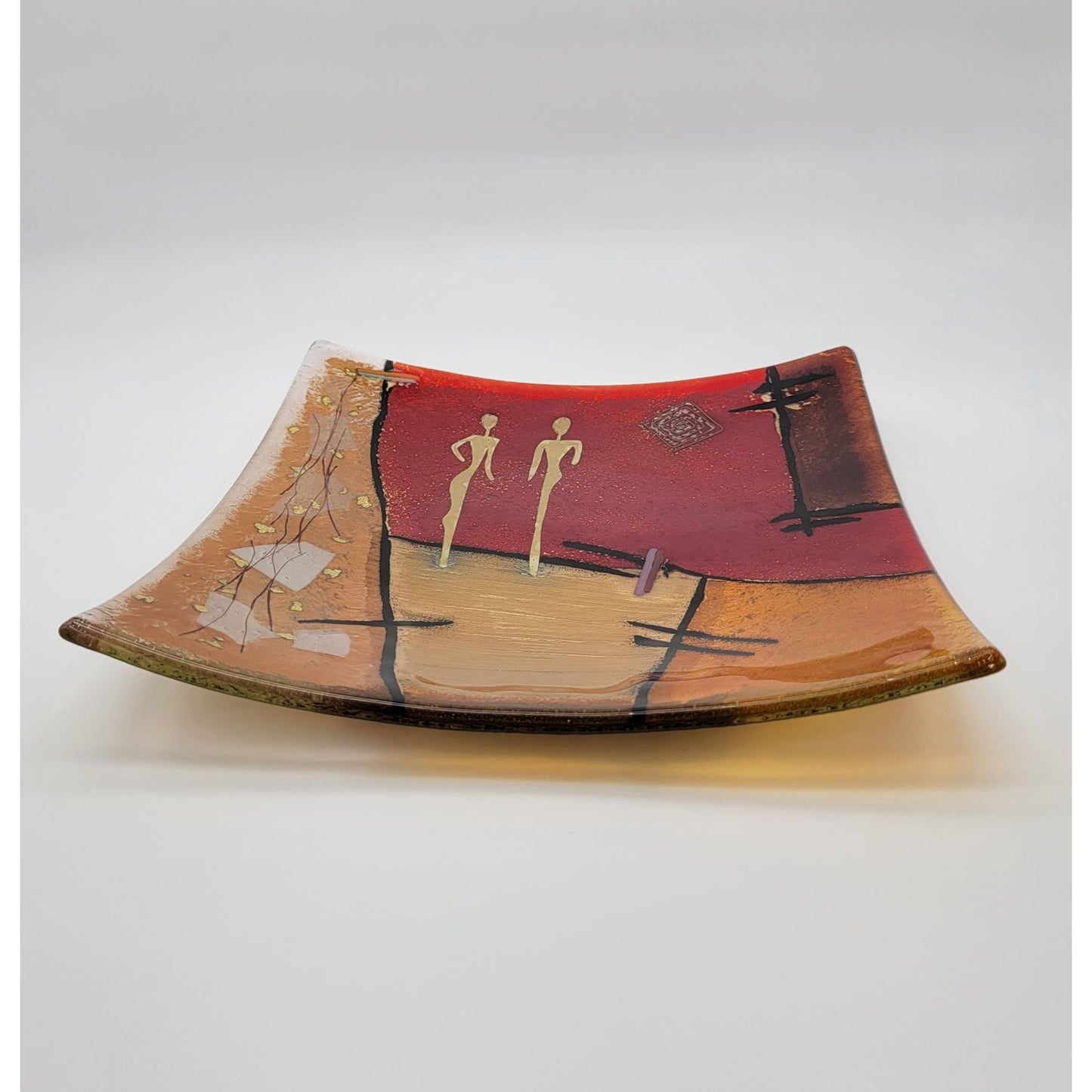 Large Abstract Fused Glass Art Dish With Red & Gold Artistic Design