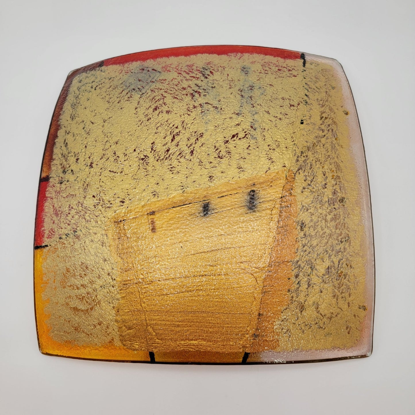 Large Abstract Fused Glass Art Dish With Red & Gold Artistic Design