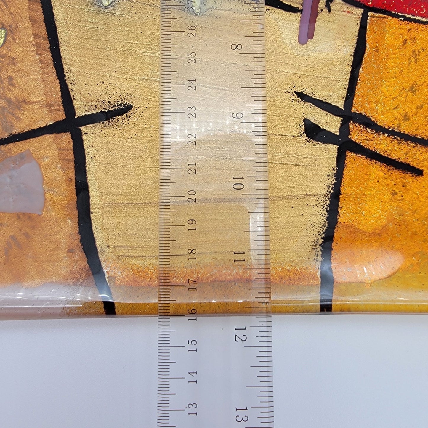 Large Abstract Fused Glass Art Dish With Red & Gold Artistic Design