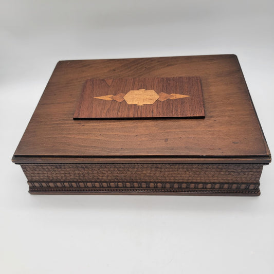 Large Art Deco Walnut Wood Decorative Box with Hand Carved / Inlay Detail