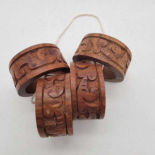Set Of 4 Vintage Hand-Carved Teak Wood Napkin Rings Floral Design