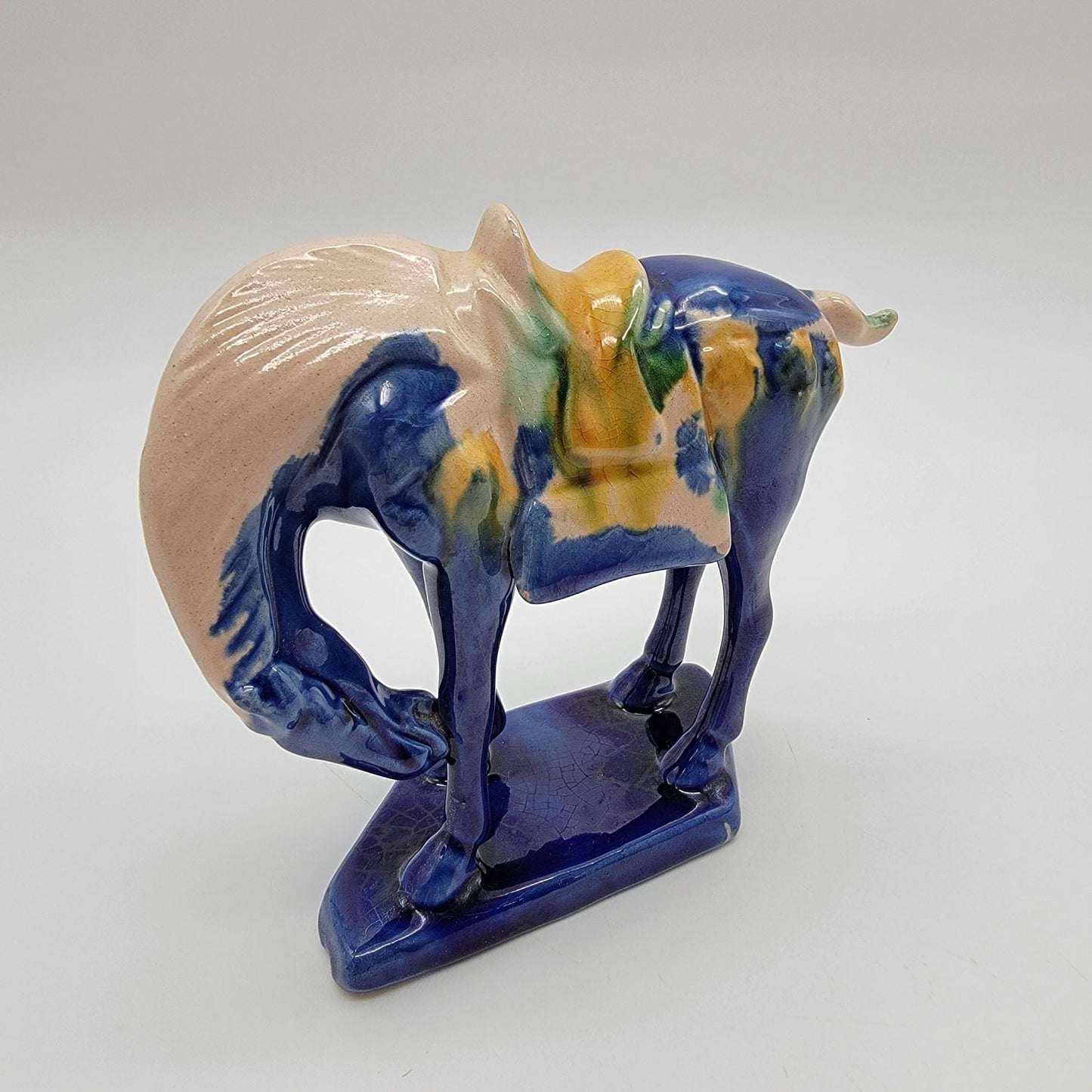 Vintage Blue Tang Dynasty Repro Sancai Glaze Pottery War Horse
