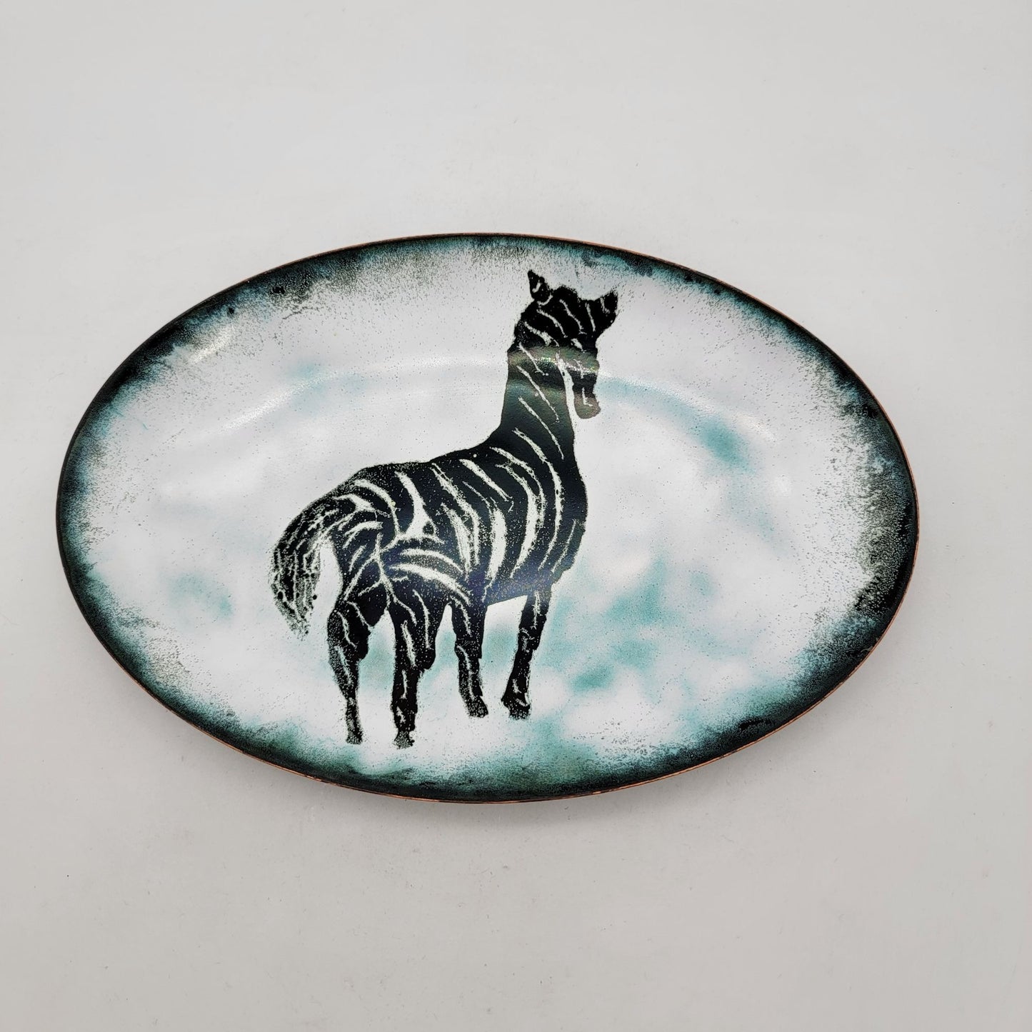 Vintage Signed 1972 Hand Painted Enamel Over Copper Zebra Dish Plate