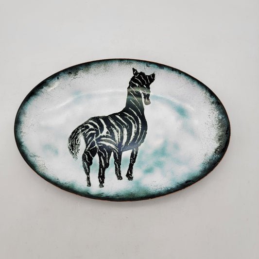 Vintage Signed 1972 Hand Painted Enamel Over Copper Zebra Dish Plate