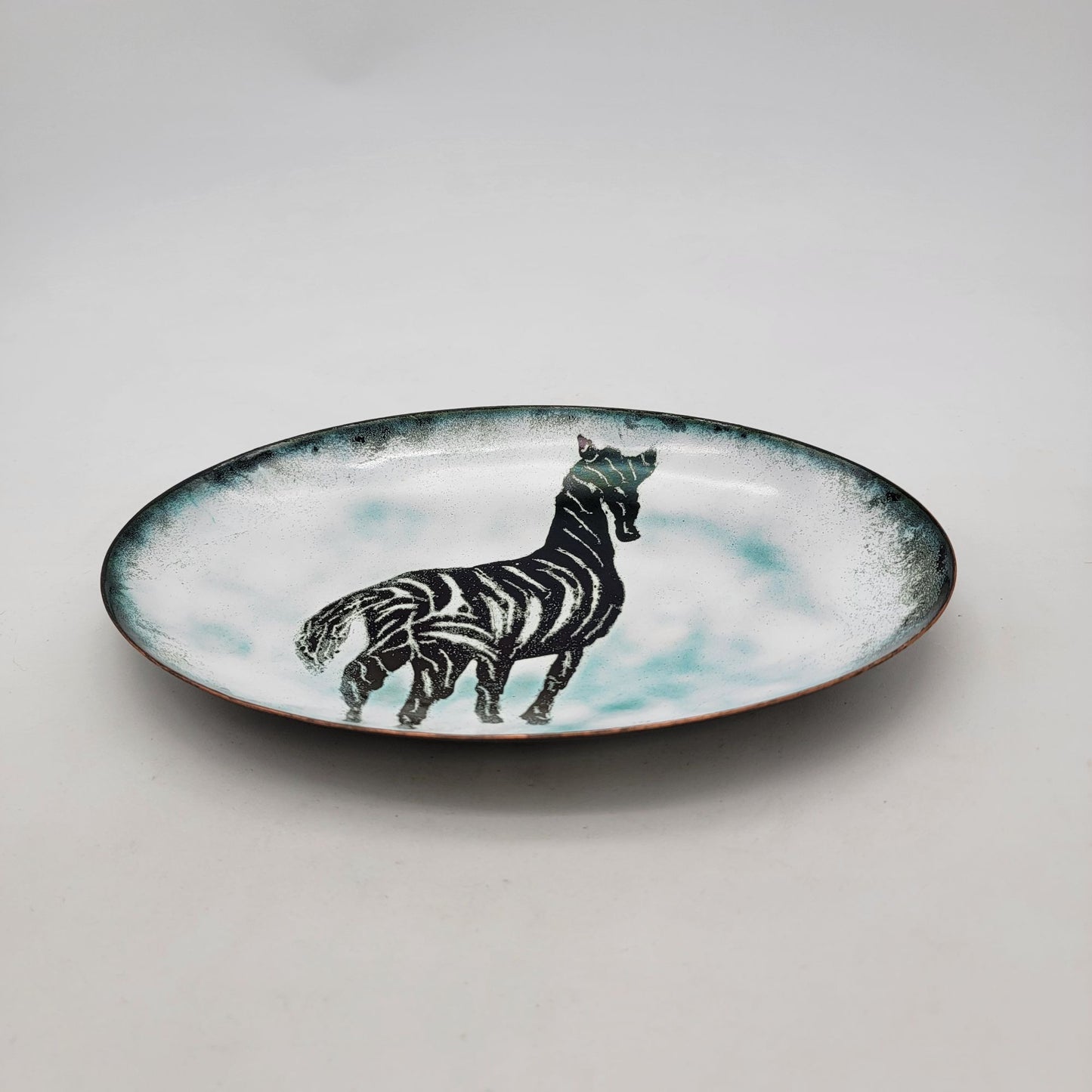 Vintage Signed 1972 Hand Painted Enamel Over Copper Zebra Dish Plate