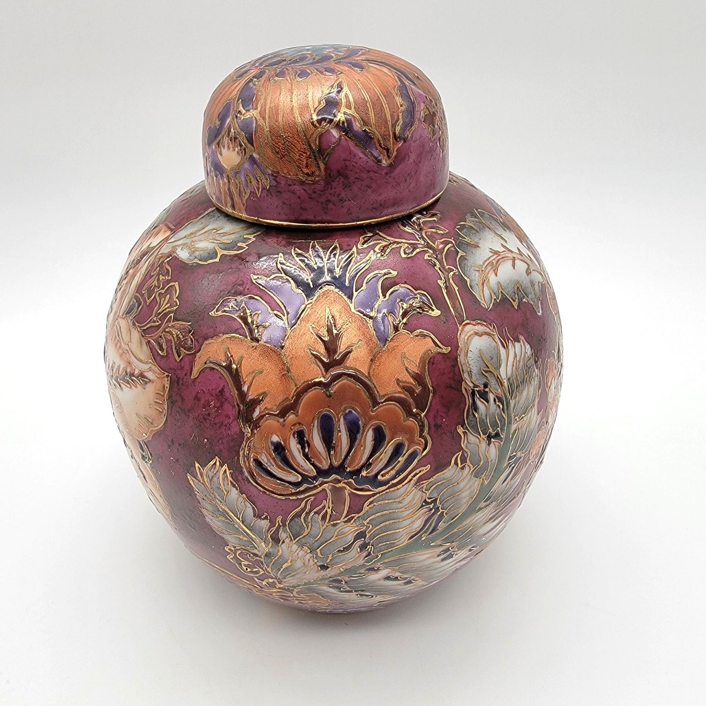 Vintage Toyo Porcelain Ginger Jar Chinoiserie Butterfly Plum Chrysanthemums