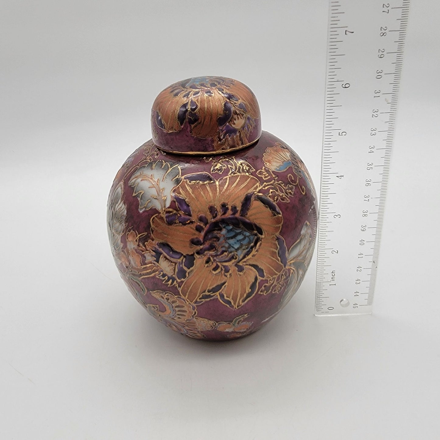 Vintage Toyo Porcelain Ginger Jar Chinoiserie Butterfly Plum Chrysanthemums