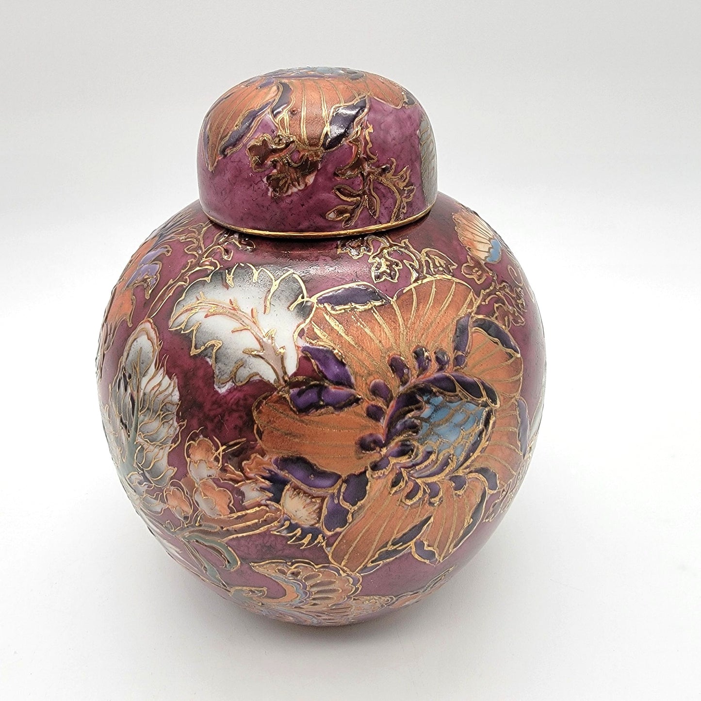 Vintage Toyo Porcelain Ginger Jar Chinoiserie Butterfly Plum Chrysanthemums