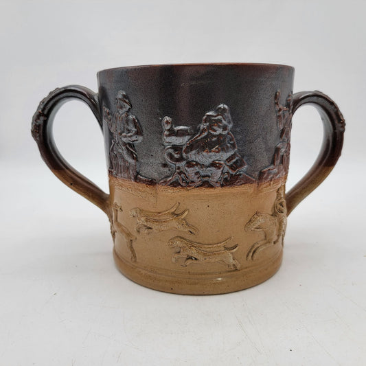 Antique Royal Doulton Lambeth Hunting Scene Stoneware Loving Cup With Dual Handles