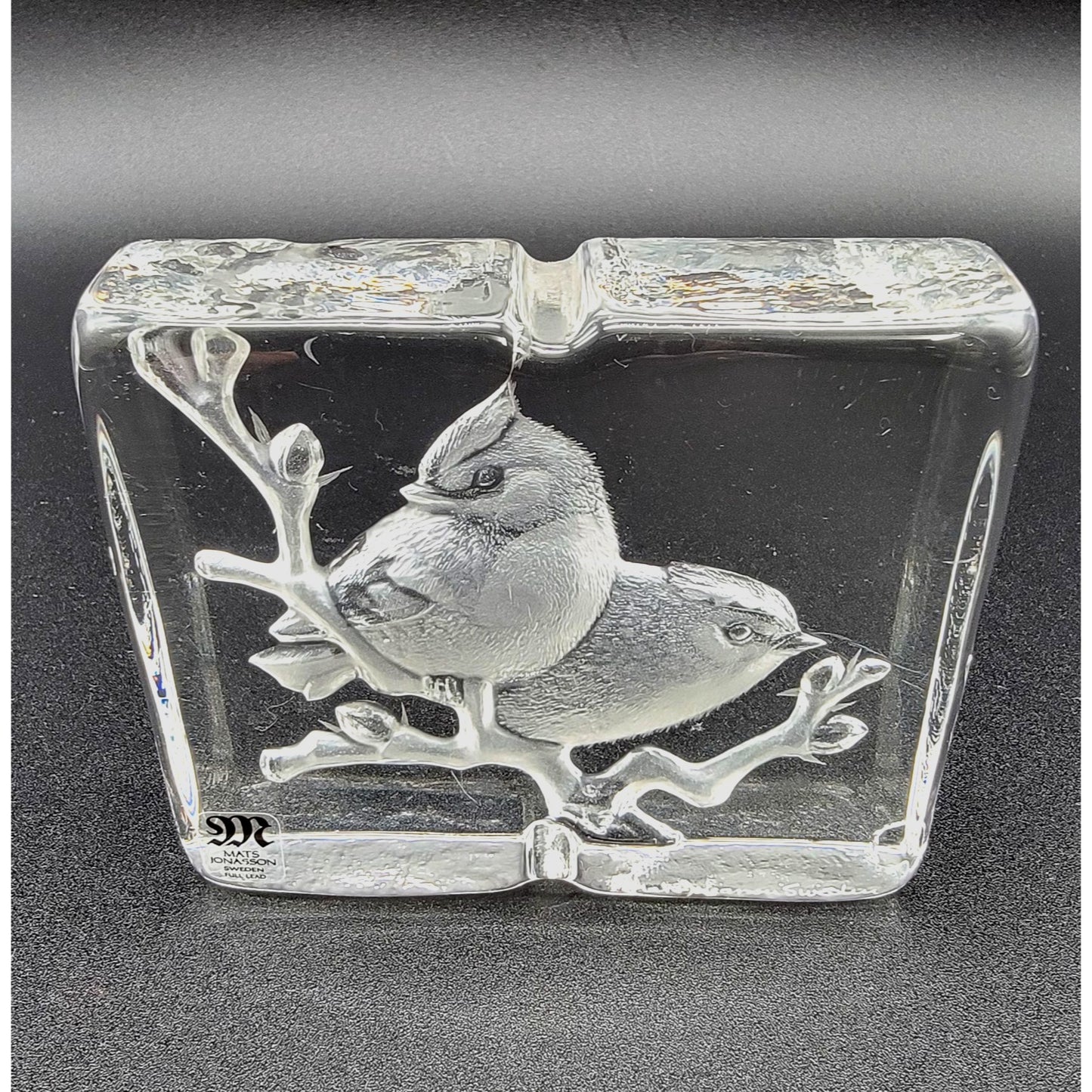 Mats Jonasson Full Lead Crystal Cardinal Couple On Branch Relief Art