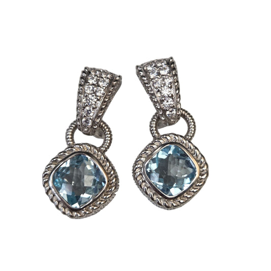 Judith Ripka Earrings Dangle Drop Blue Topaz Charm CZ 925 Sterling Silver Omega