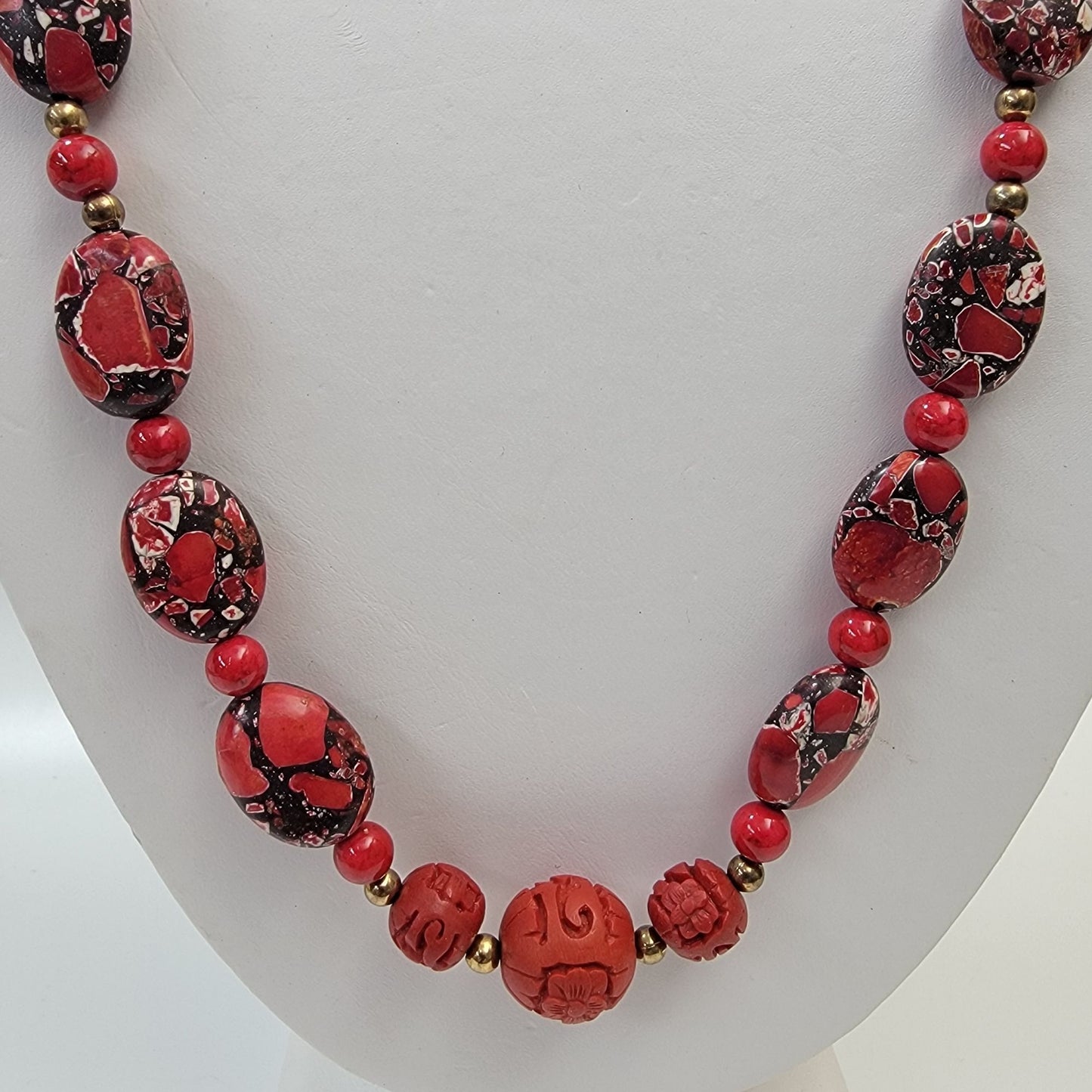 Vintage Brecciated Jasper & Cinnabar Beaded Necklace