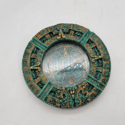 Mayan Calendar Design Ashtray With Glass Center & Red Felt Base