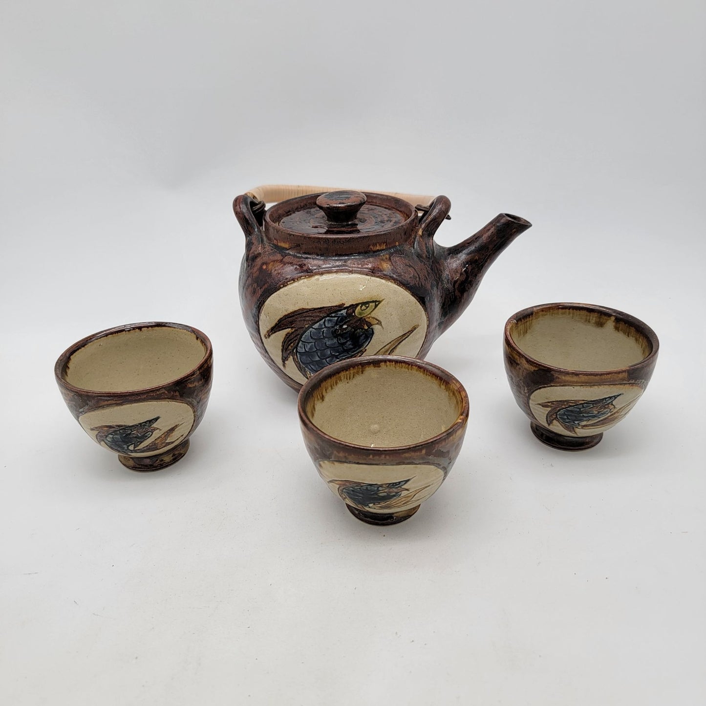 Vintage Japanese Stoneware Teapot & Teacup Set With Bamboo Handle