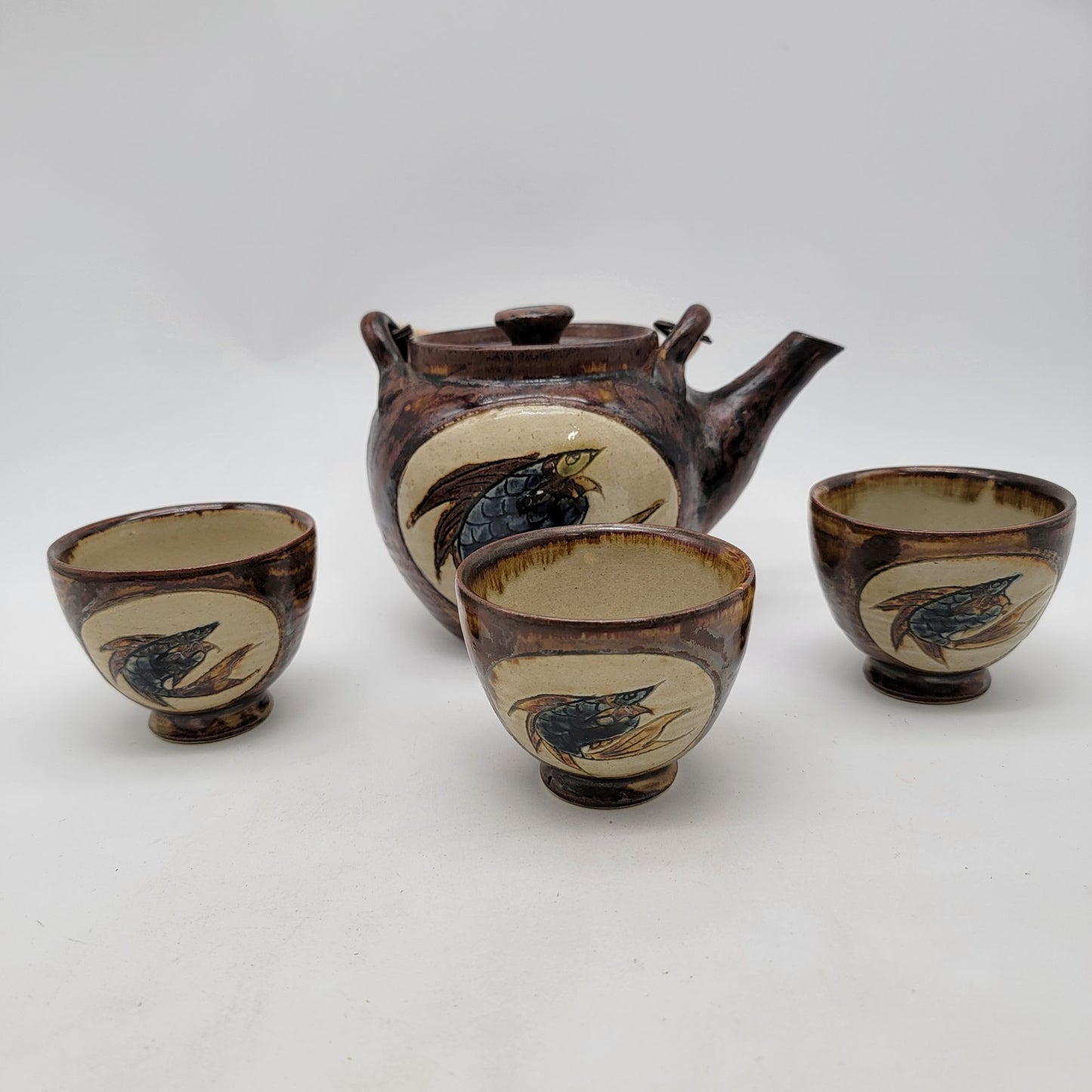 Vintage Japanese Stoneware Teapot & Teacup Set With Bamboo Handle