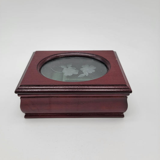 Vintage Wooden Jewelry Box With Oval Glass Lid & Floral Etching