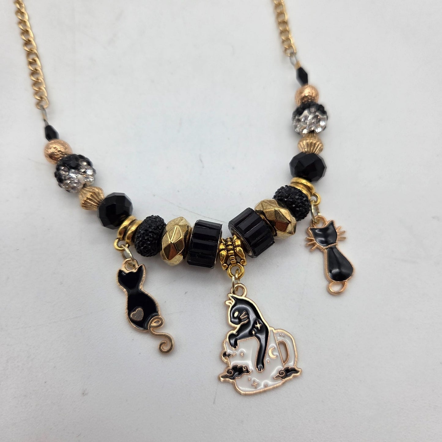 OOAK Handmade Black & Gold-Tone Cat Charms Necklace