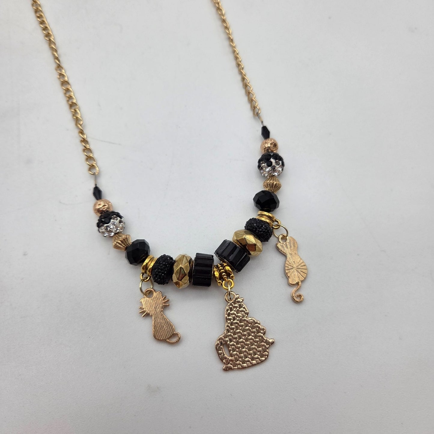 OOAK Handmade Black & Gold-Tone Cat Charms Necklace