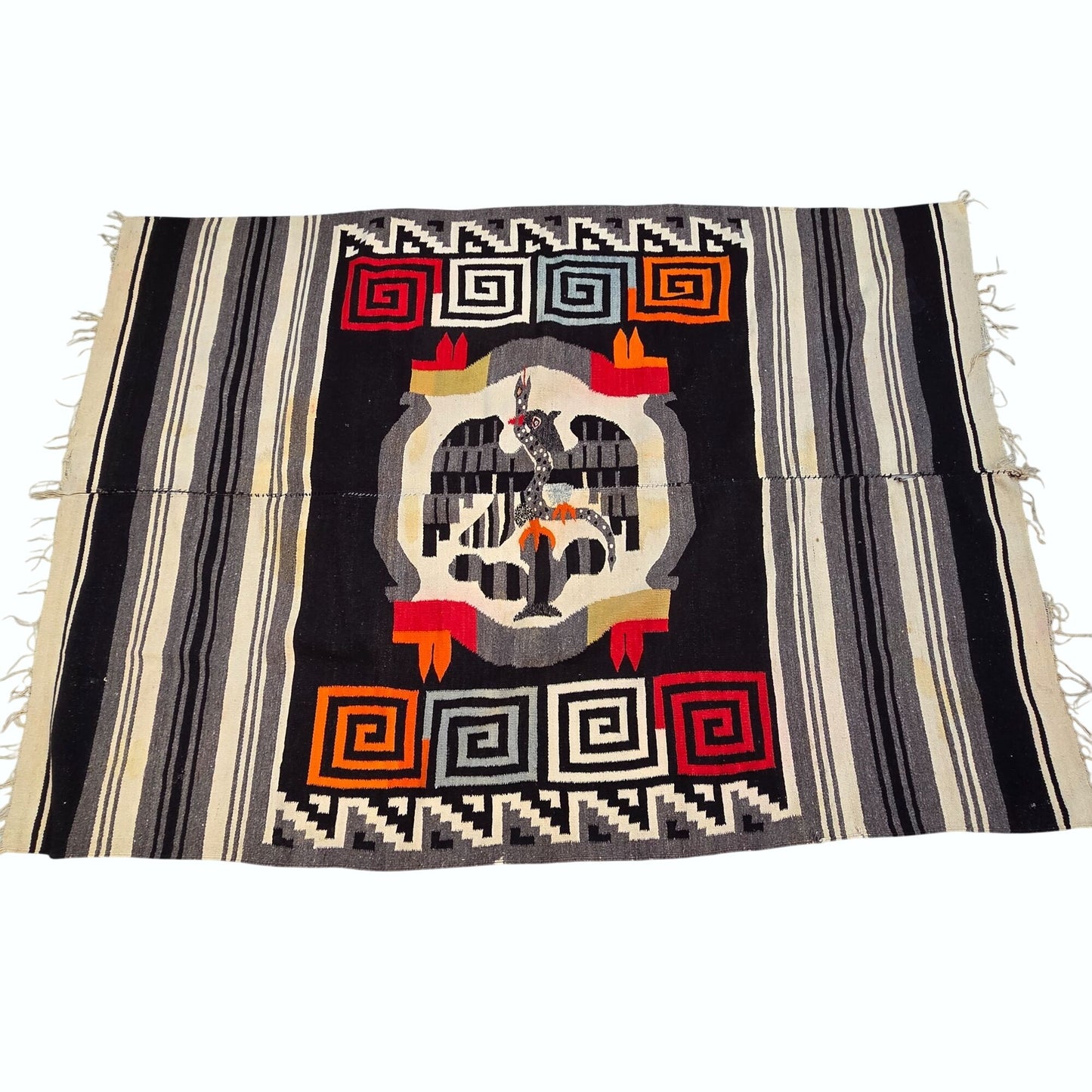 Vintage 1950’s-60’s Zapotec Oaxacan Hand Woven Wool Tapestry Rug As Found