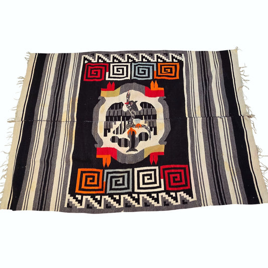 Vintage 1950’s-60’s Zapotec Oaxacan Hand Woven Wool Tapestry Rug As Found