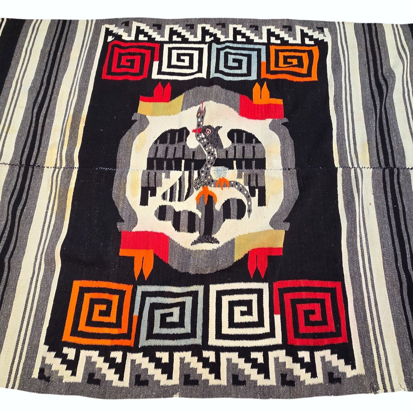 Vintage 1950’s-60’s Zapotec Oaxacan Hand Woven Wool Tapestry Rug As Found