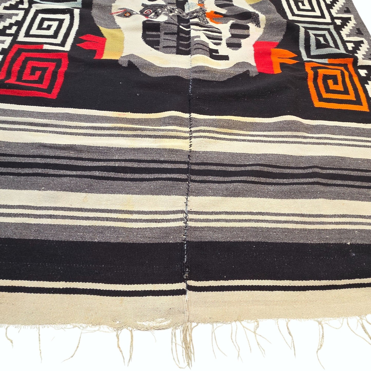 Vintage 1950’s-60’s Zapotec Oaxacan Hand Woven Wool Tapestry Rug As Found