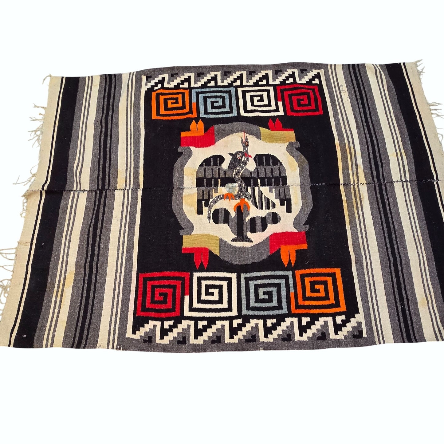 Vintage 1950’s-60’s Zapotec Oaxacan Hand Woven Wool Tapestry Rug As Found