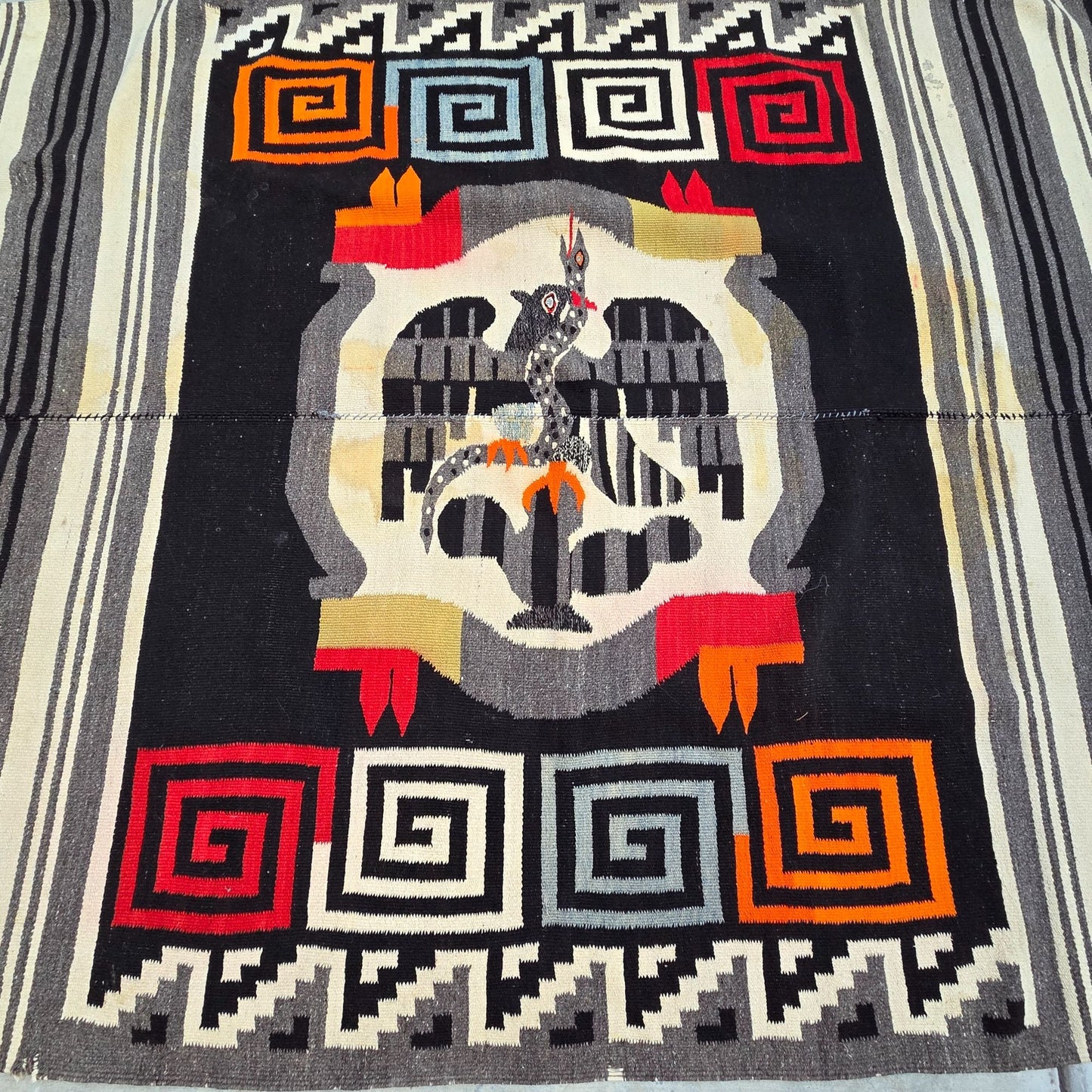 Vintage 1950’s-60’s Zapotec Oaxacan Hand Woven Wool Tapestry Rug As Found