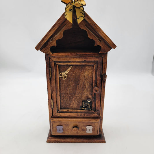 Vintage Wooden Sewing-Themed Miniature Cabinet With Drawer