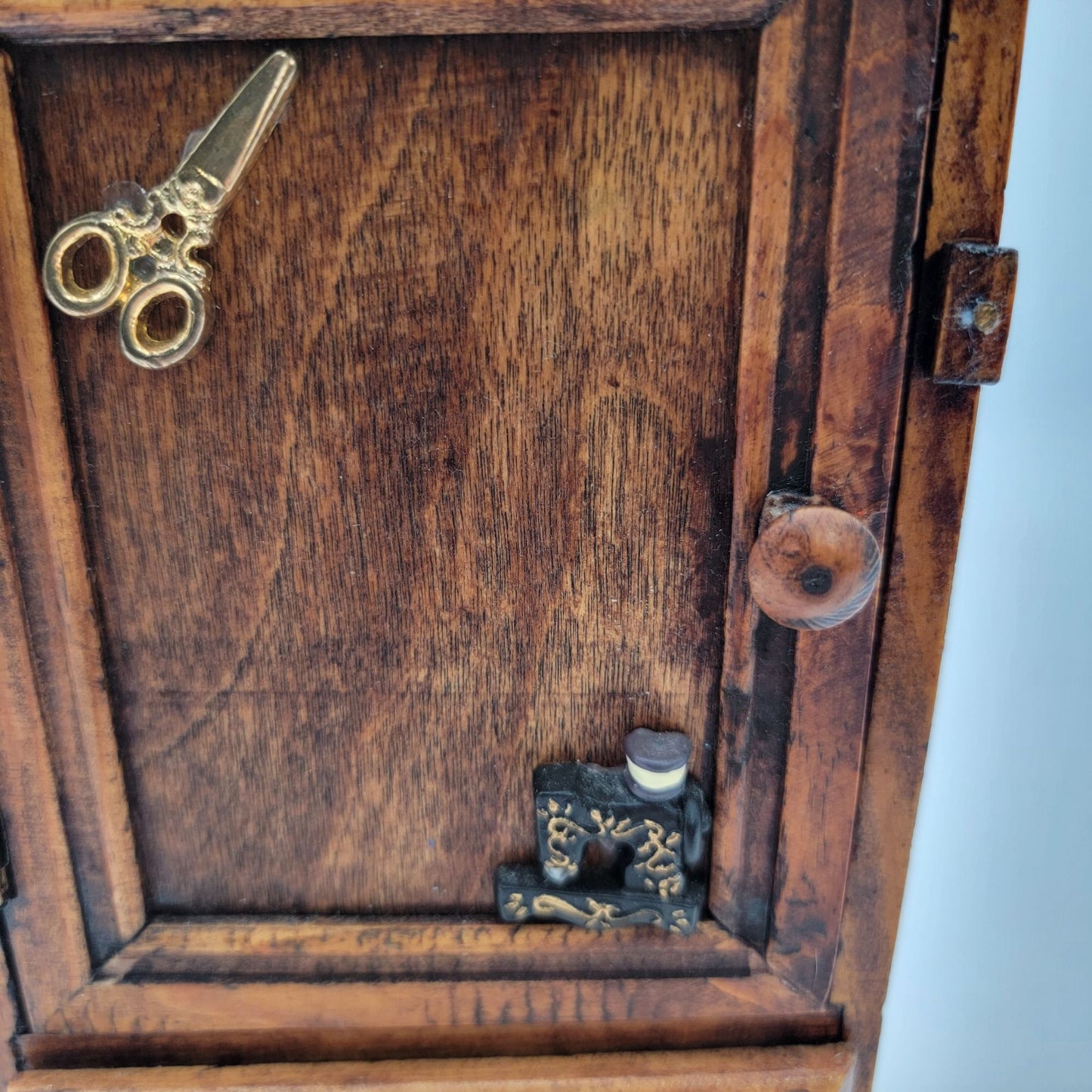 Vintage Wooden Sewing-Themed Miniature Cabinet With Drawer