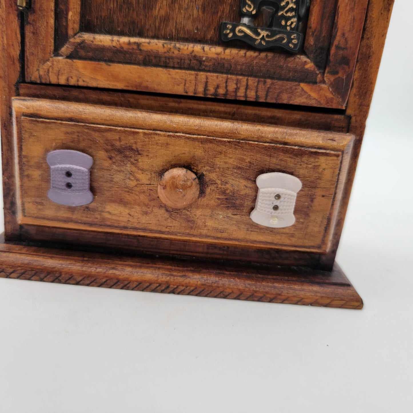Vintage Wooden Sewing-Themed Miniature Cabinet With Drawer