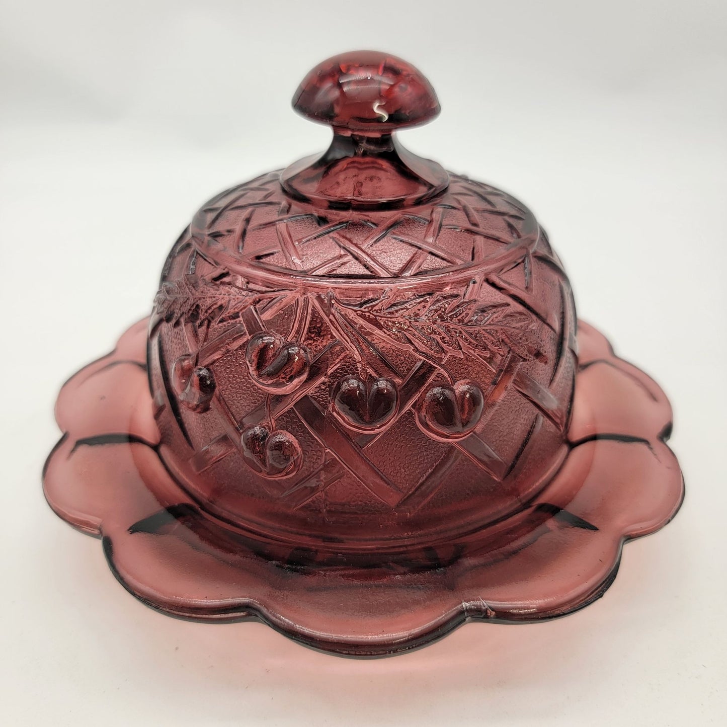 Mosser Amethyst Glass Cherry Lattice Dome Covered Butter Dish