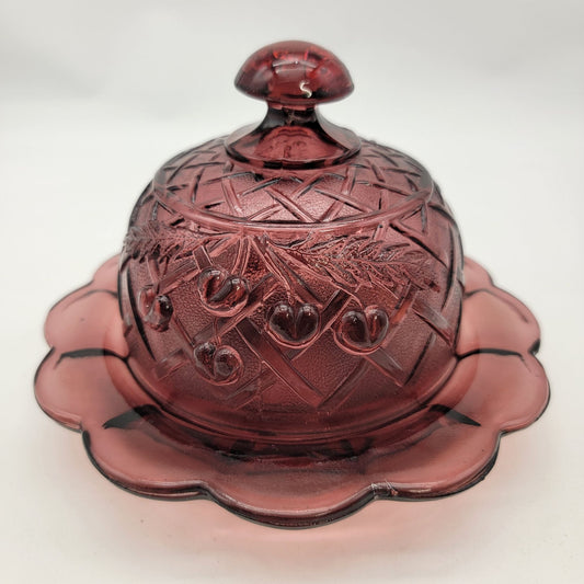 Mosser Amethyst Glass Cherry Lattice Dome Covered Butter Dish