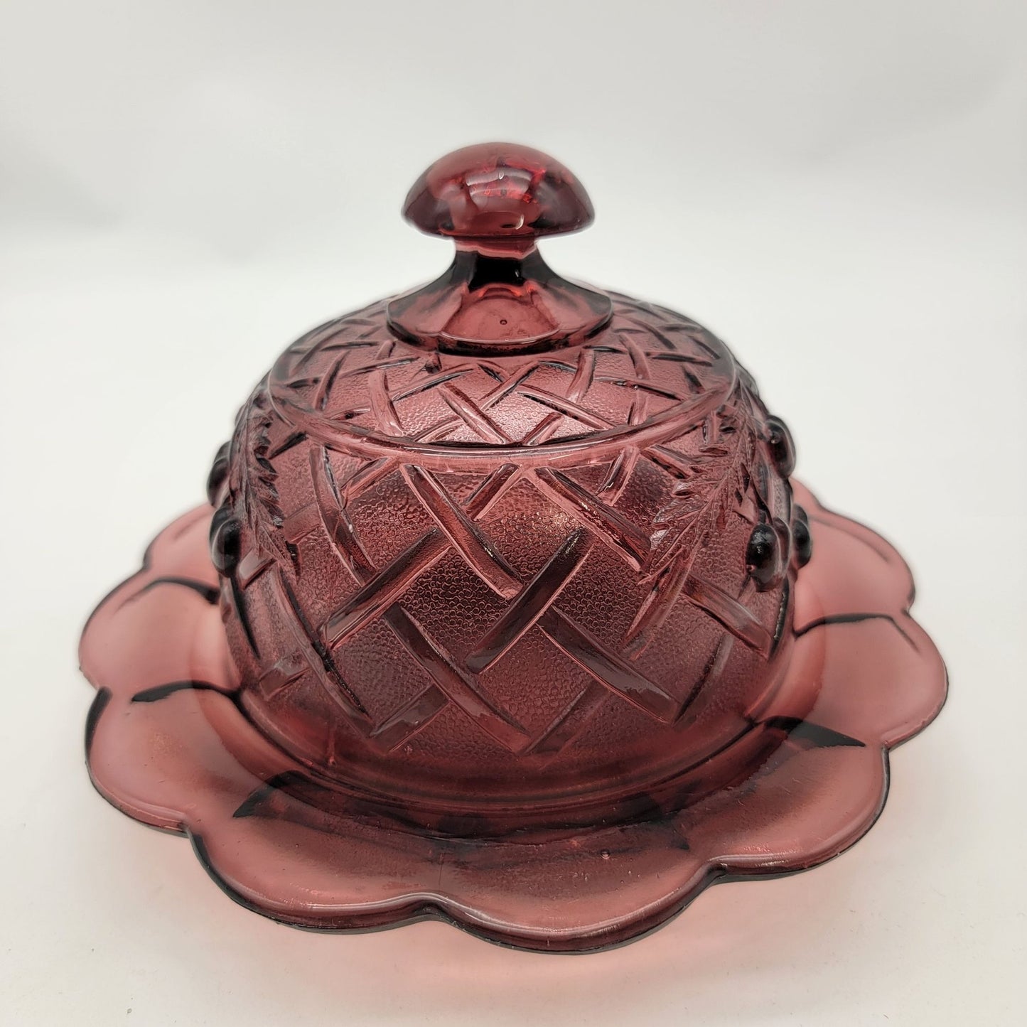 Mosser Amethyst Glass Cherry Lattice Dome Covered Butter Dish