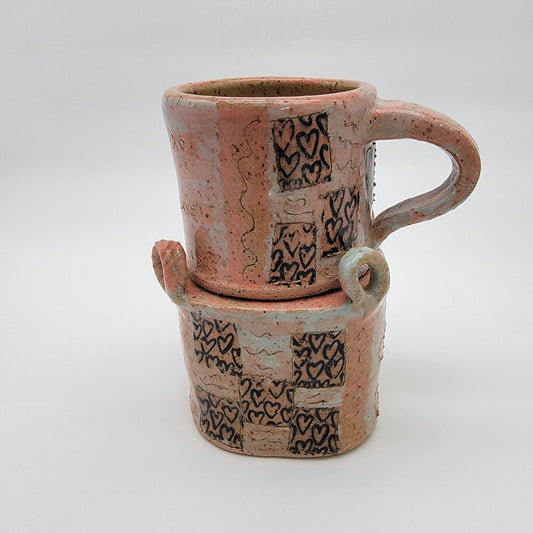 Vintage Handcrafted Boop Pottery Mug & Stand Pink Heart XO Design