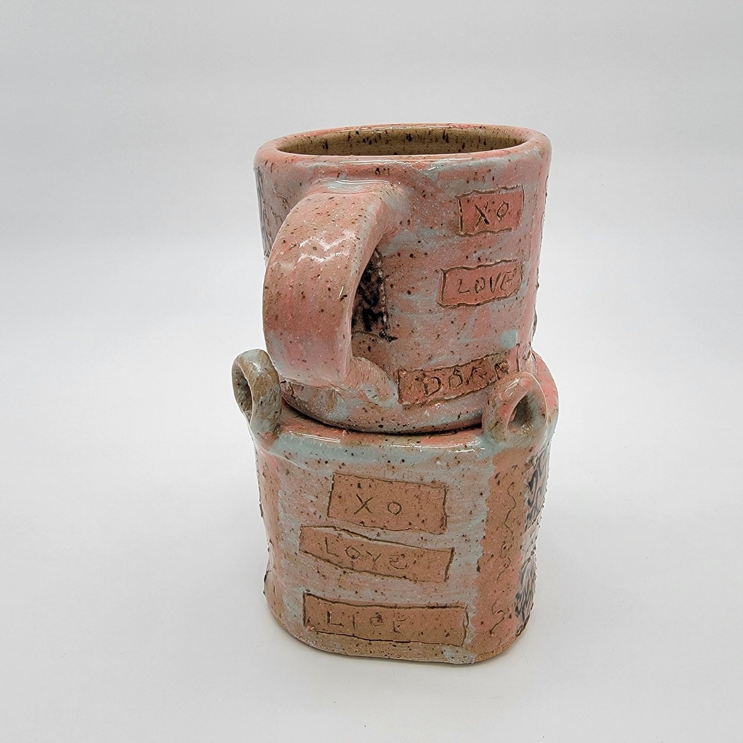 Vintage Handcrafted Boop Pottery Mug & Stand Pink Heart XO Design