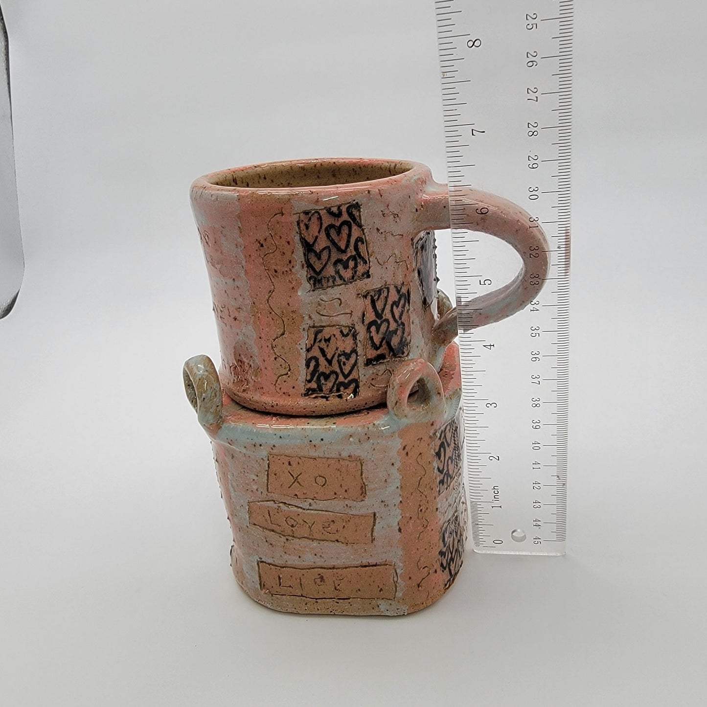 Vintage Handcrafted Boop Pottery Mug & Stand Pink Heart XO Design