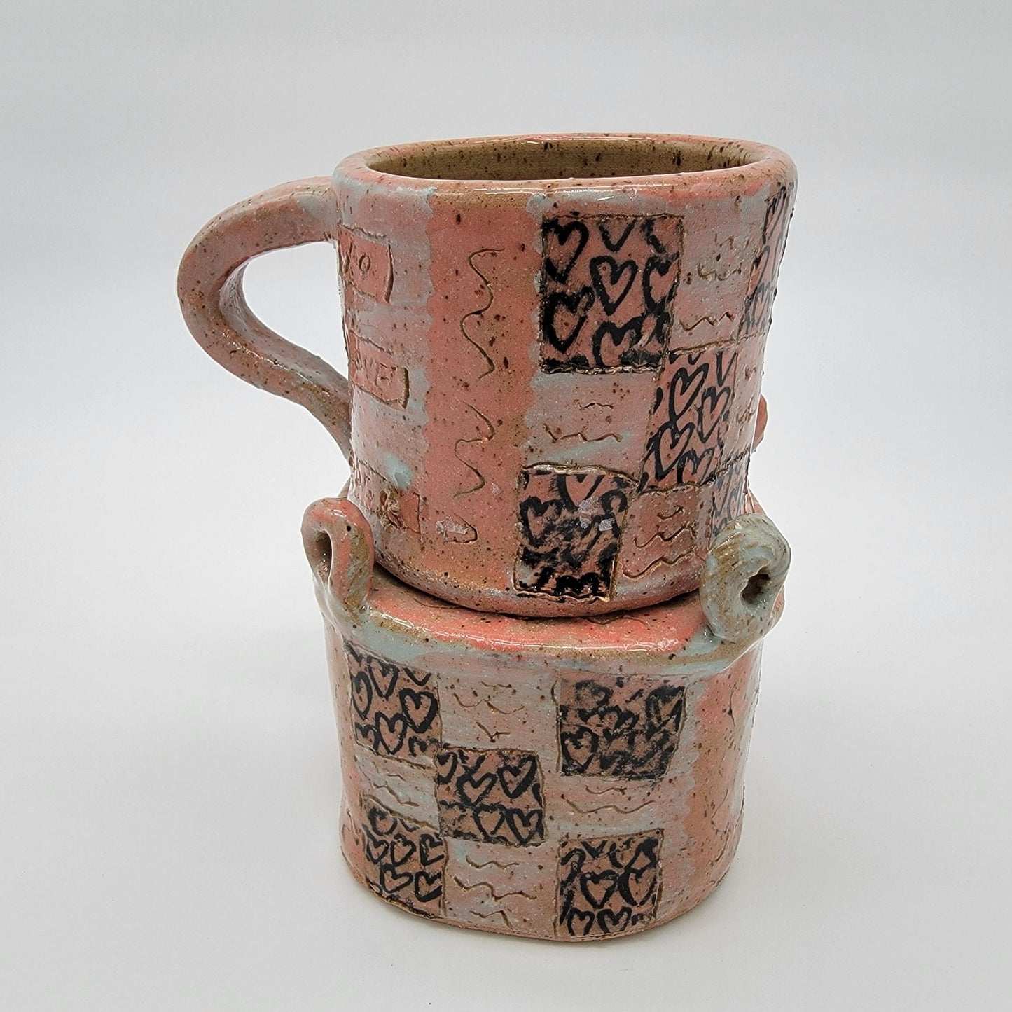 Vintage Handcrafted Boop Pottery Mug & Stand Pink Heart XO Design