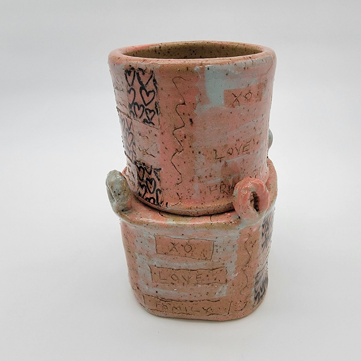 Vintage Handcrafted Boop Pottery Mug & Stand Pink Heart XO Design