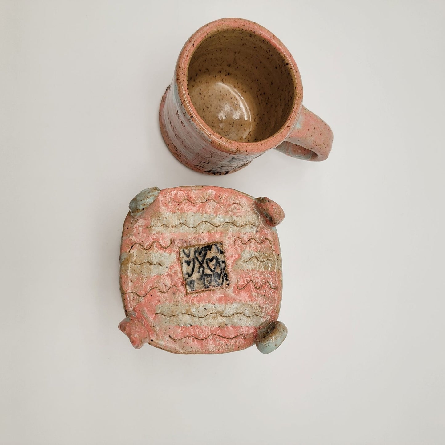 Vintage Handcrafted Boop Pottery Mug & Stand Pink Heart XO Design