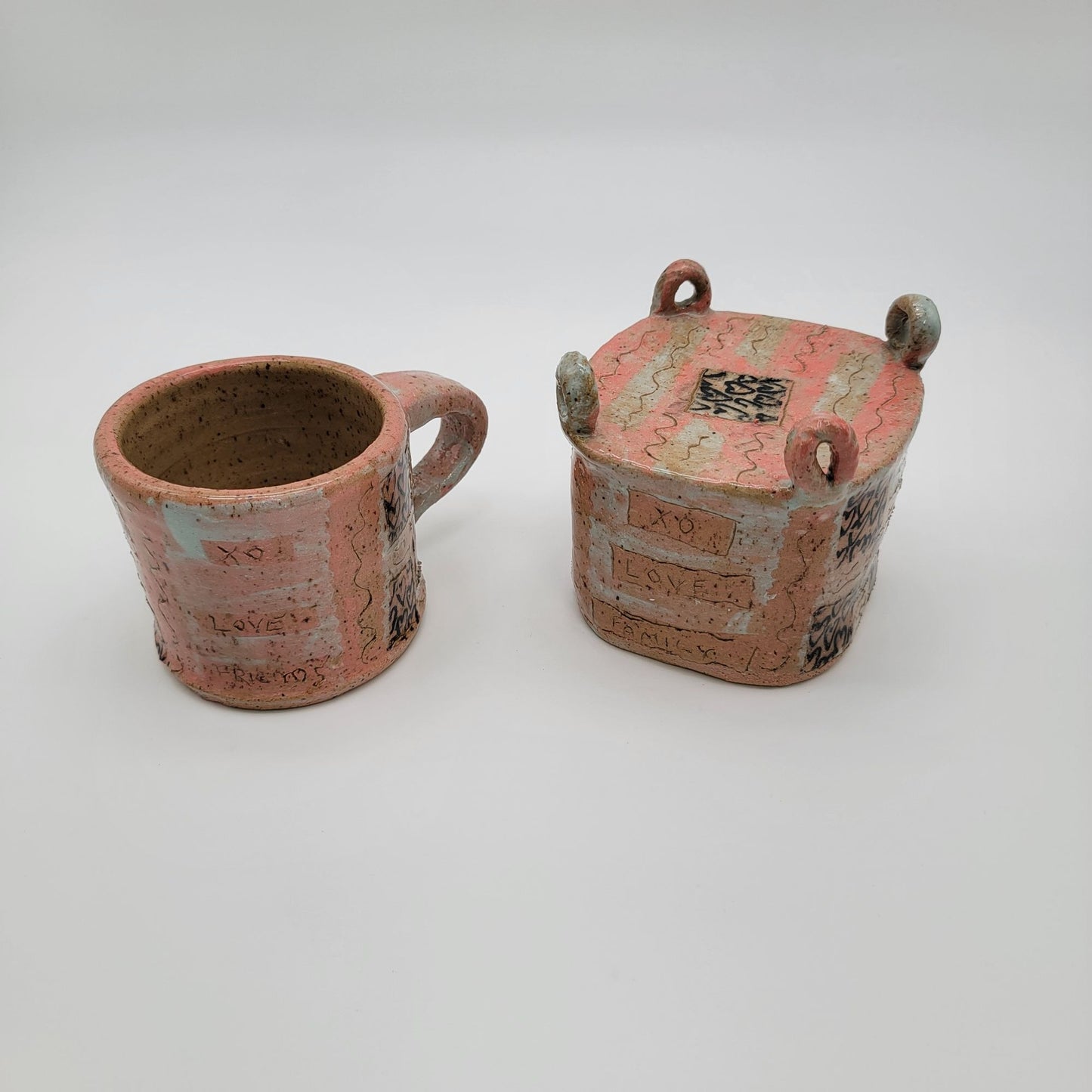 Vintage Handcrafted Boop Pottery Mug & Stand Pink Heart XO Design
