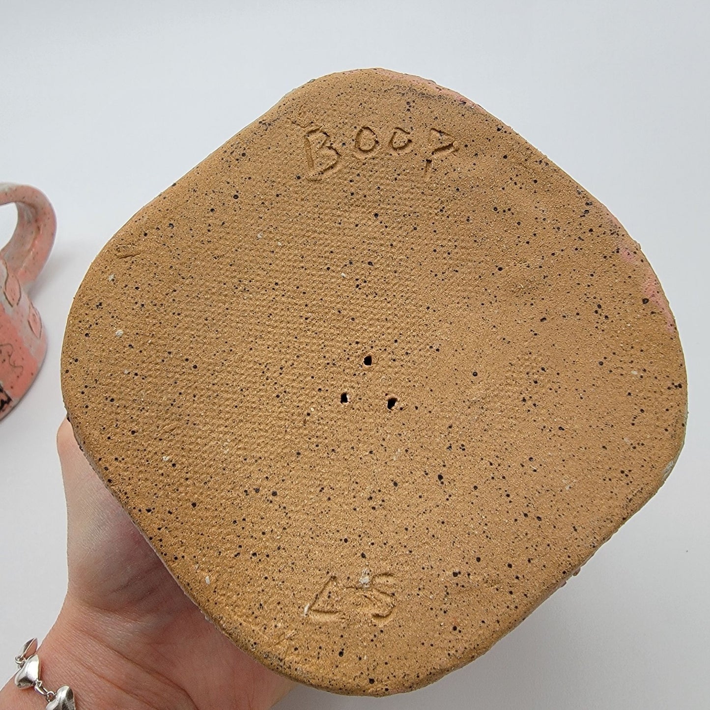 Vintage Handcrafted Boop Pottery Mug & Stand Pink Heart XO Design